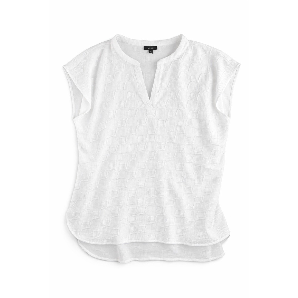 Alfani Womens 2X White Textured Blouse Cap Sleeve Split Neck Stretch Lightweight